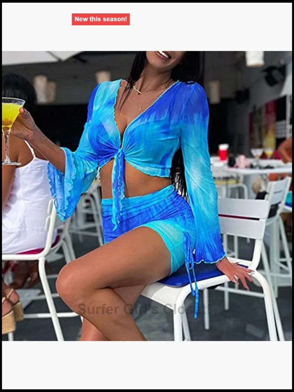 Sheer Mesh 2 Piece Set Long Sleeve Crop Top Bodycon Mini Skirt Clubwear